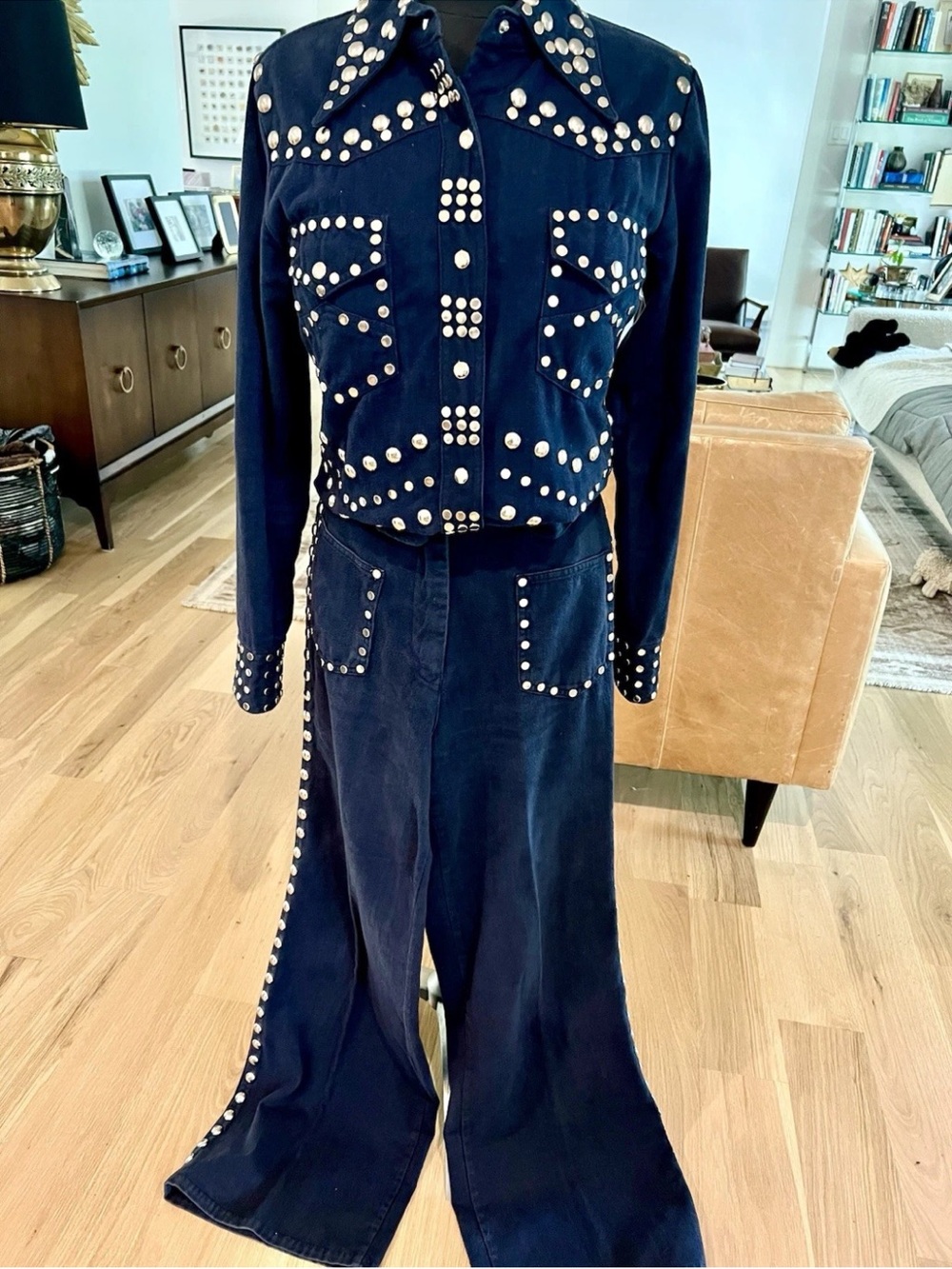 Rare 1970s Studded Allie Flynn Western Pant Suit Set Glam Rock  Bell Bottoms S/M
